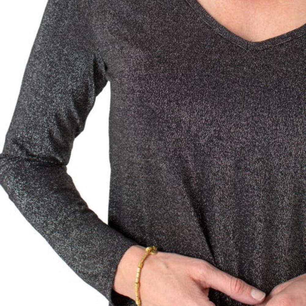 V-neck silver metallic knit long sleeve top by Liverpool Los Angeles